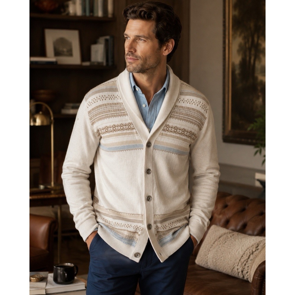 Tasso Elba Shawl Collar Fair Isle Cotton Silk Cashmere Cardigan Sweater L